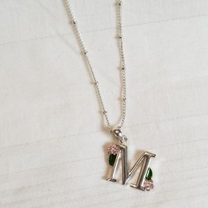 Silver Initial M Floral Beaded Necklace